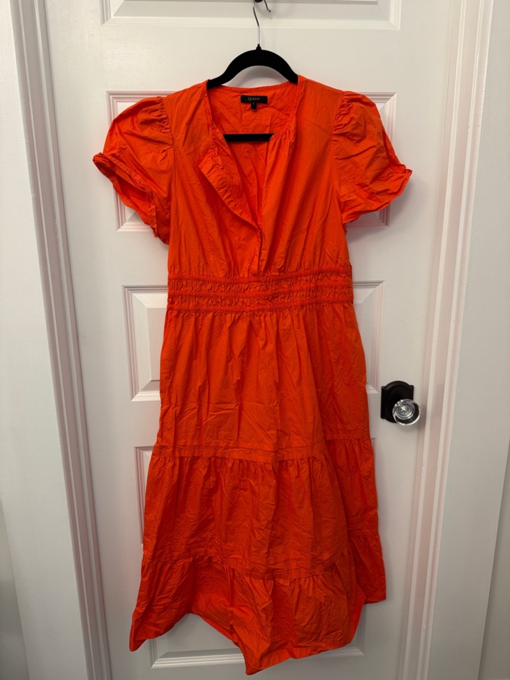Quince V-Neck Puff-Sleeve Tiered Midi Dress in Orange- hemmed for 5’5” woman